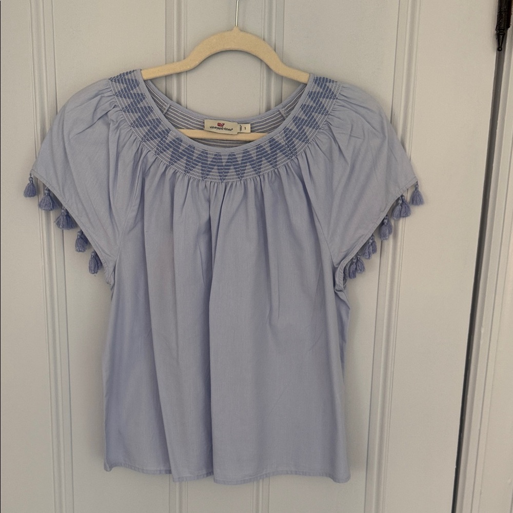 Vineyard Vines Light Blue Smocked Tassel Sleeve Top